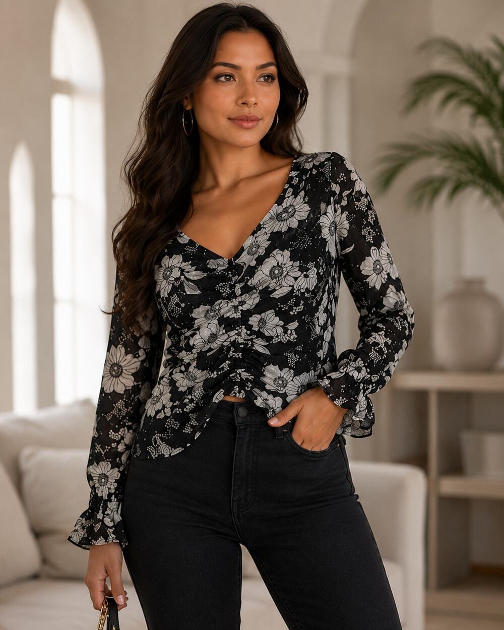 NWT Laundry Shelli Segal Floral Ruched Mesh Top XL